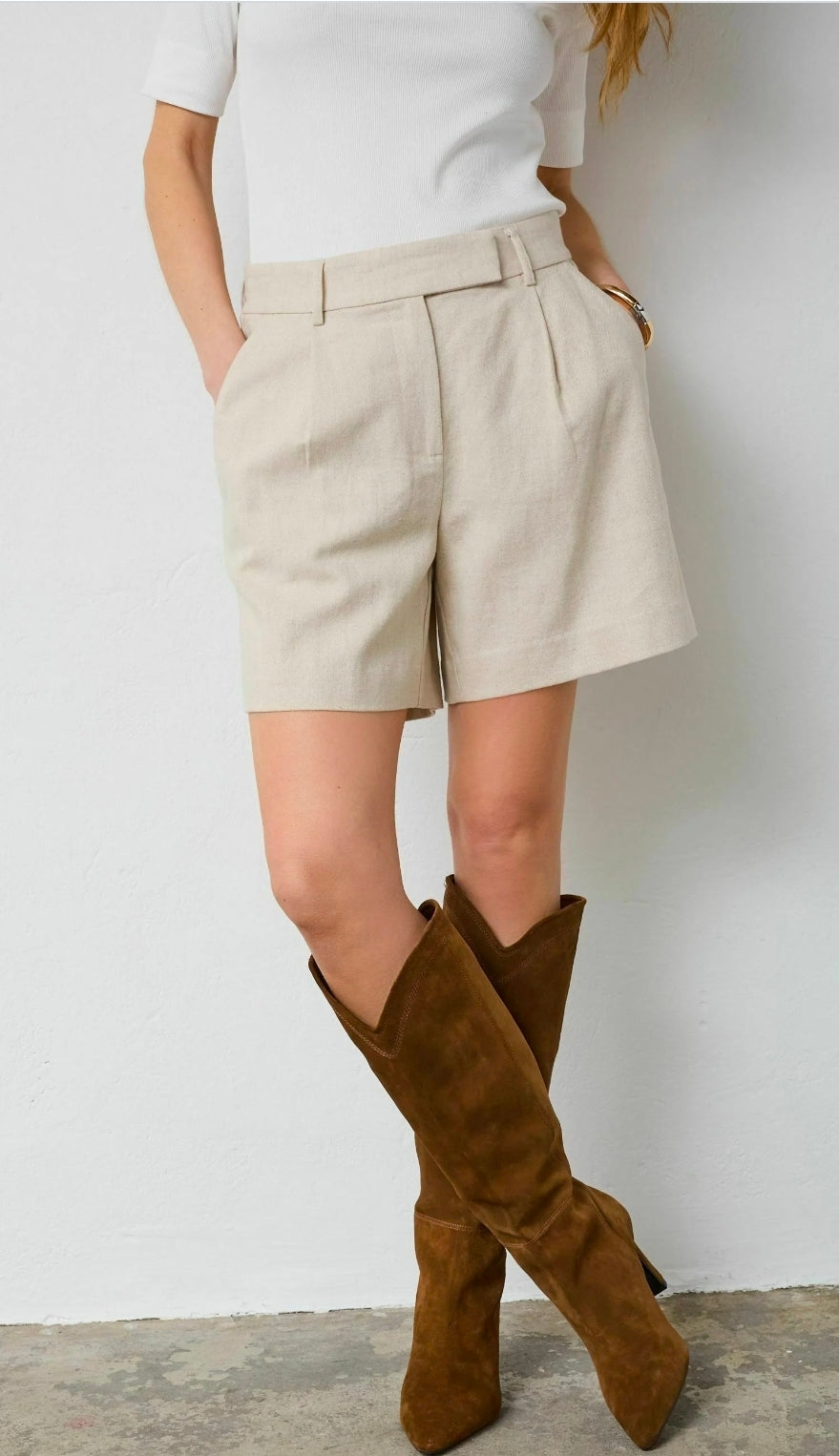 LeenaCC Linen Pleat Shorts - Bone